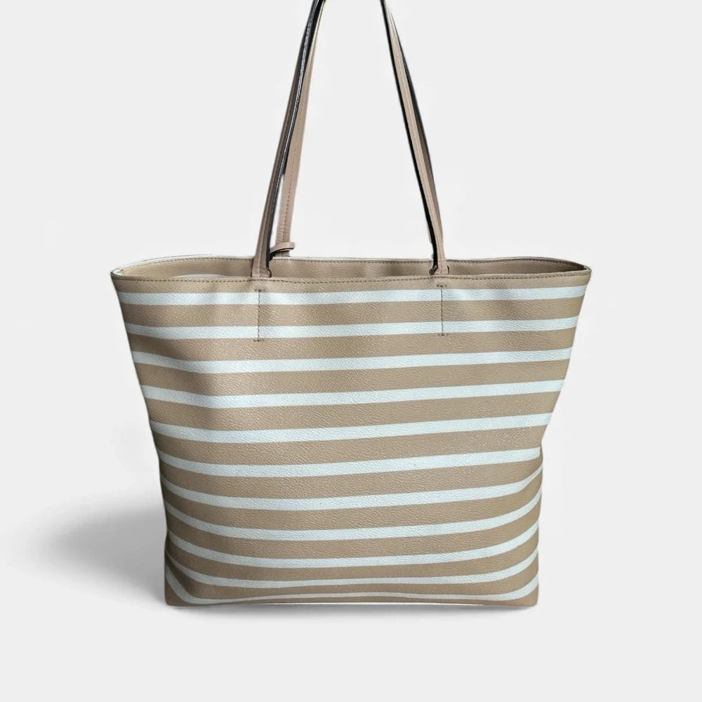 ✨ Kate Spade Striped Leather Tote – Chic Neutrals | EUC Exterior ✨